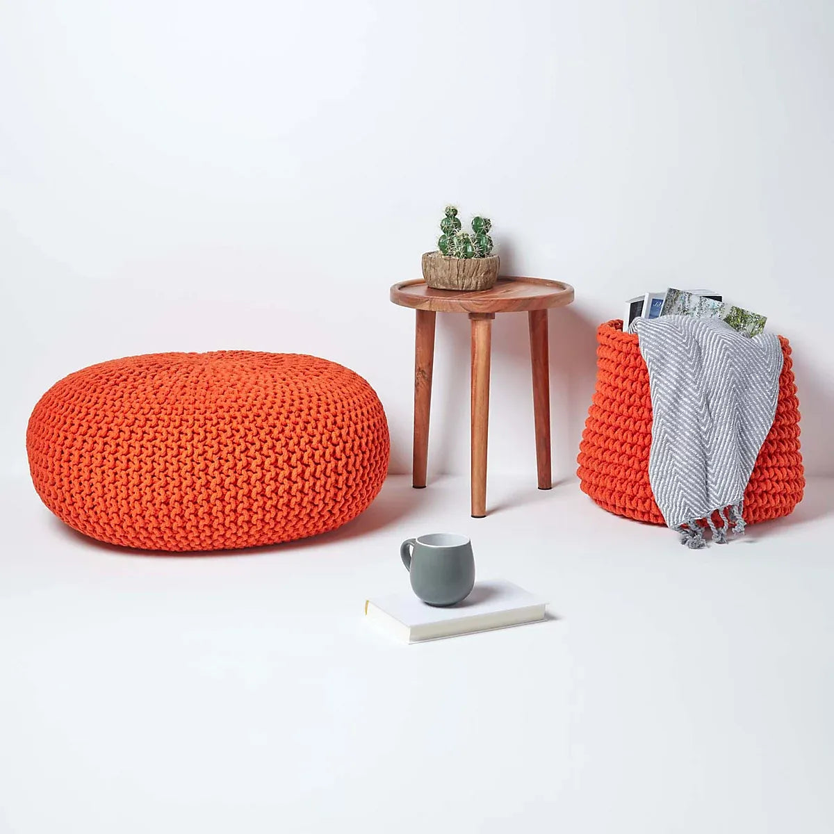 Homescapes Burnt Orange Large Knitted Pouffe Living Room-Furniture Kingdom